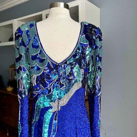 Vintage 80's NiteLine Beaded Sequin Silk Shooting Star Statement Dress Trophy - Picture 7 of 9